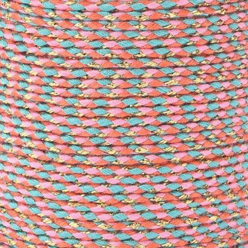 Cordon en coton tressé & fil métallisé 1.5 mm Corail - Rose - Turquoise - Doré x1m