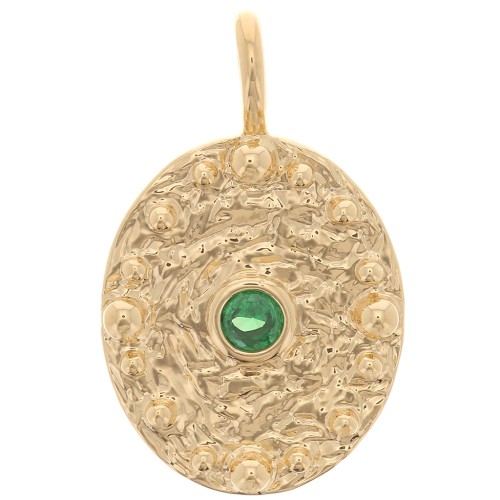 Pendentif ovale martelé avec  oxyde de Zirconium  21x13 mm - Doré à l'or fin - Emeraude x1