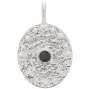 Pendentif ovale martelé avec  oxyde de Zirconium  21x13 mm - Placage Argent fin - Noir x1