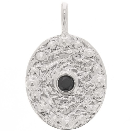 Pendentif ovale martelé avec  oxyde de Zirconium  21x13 mm - Placage Argent fin - Noir x1