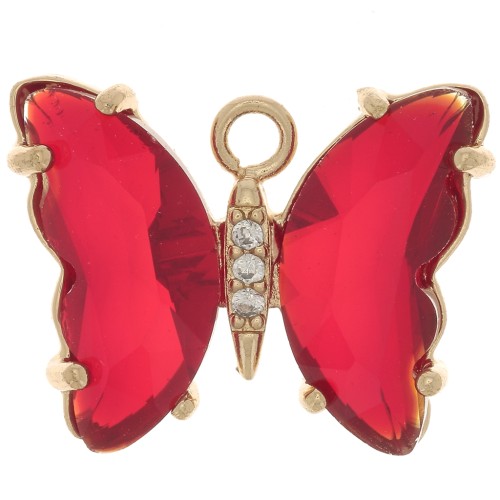 Pendentif papillon en verre avec oxydes de Zirconium  15x20 mm - Doré - Rouge - Crystal x1