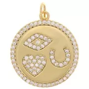 Pendentif rond avec oxydes de Zirconium  19 mm - motifs mystique - Doré - Crystal x1