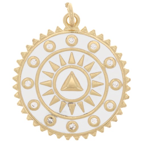Pendentif rond ethnique avec oxydes de Zirconium  et résine époxy 20 mm - Doré - Blanc x1