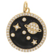 Pendentif rond avec oxydes de Zirconium  et résine époxy 18 mm - Planète - Doré - Noir x1|raw }}