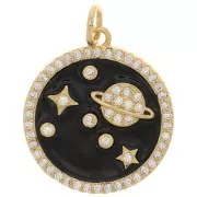 Pendentif rond avec oxydes de Zirconium  et résine époxy 18 mm - Planète - Doré - Noir x1