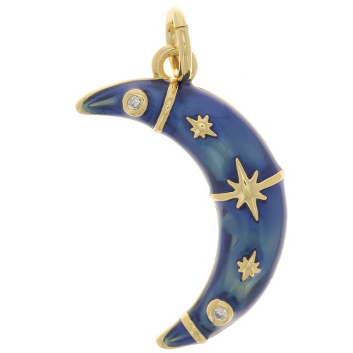 Pendentif demi lune avec oxydes de Zirconium  et résine époxy 21x12 mm Doré - Bleu - Crystal x1