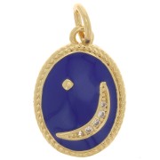 Pendentif ovale motif lune avec oxydes de Zirconium  et résine époxy 16.5x11.5mm - Doré - Bleu