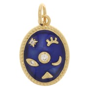 Pendentif ovale motif mystique avec oxydes de Zirconium  & résine époxy 16x11 mm - Doré - Bleu