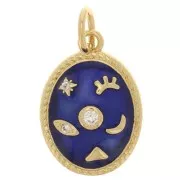 Pendentif ovale motif mystique avec oxydes de Zirconium  & résine époxy 16x11 mm - Doré - Bleu