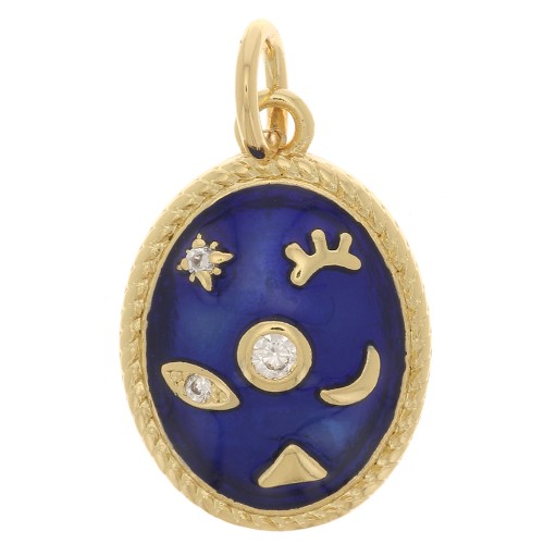 Pendentif ovale motif mystique avec oxydes de Zirconium  & résine époxy 16x11 mm - Doré - Bleu
