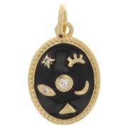 Pendentif ovale motif mystique avec oxydes de Zirconium  & résine époxy 16x11 mm - Doré - Noir