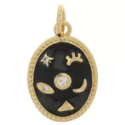 Pendentif ovale motif mystique avec oxydes de Zirconium  & résine époxy 16x11 mm - Doré - Noir