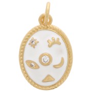 Pendentif ovale motif mystique avec oxydes de Zirconium  & résine époxy 16x11mm - Doré - Blanc