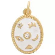 Pendentif ovale motif mystique avec oxydes de Zirconium  & résine époxy 16x11mm - Doré - Blanc