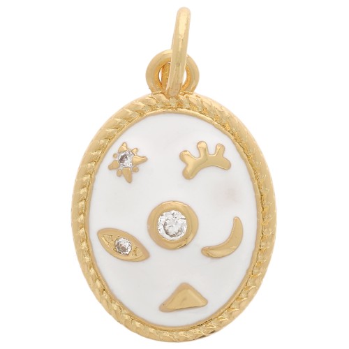 Pendentif ovale motif mystique avec oxydes de Zirconium  & résine époxy 16x11mm - Doré - Blanc