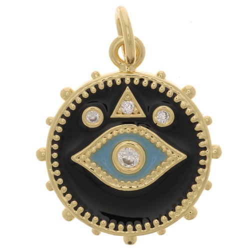 Pendentif rond oeil mystique avec oxydes de Zirconium  & résine époxy 18x16 mm - Doré - Noir x1