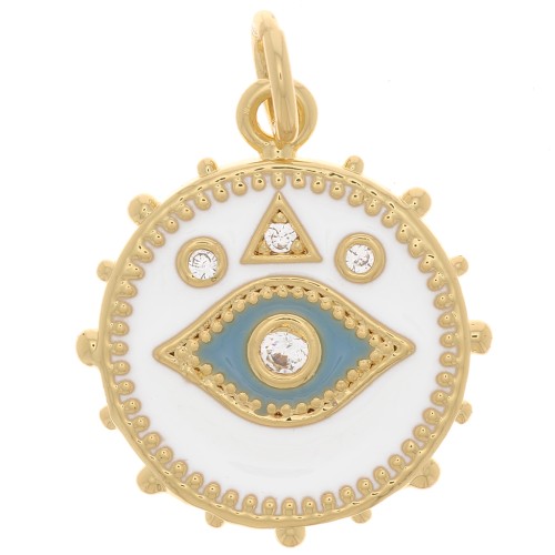 Pendentif rond oeil mystique avec oxydes de Zirconium  & résine époxy 16mm - Doré - Blanc x1