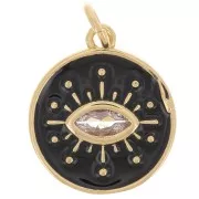 Pendentif rond oeil avec oxydes de Zirconium  & résine époxy 15 mm - Doré - Noir x1
