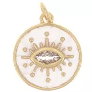 Pendentif rond oeil avec oxydes de Zirconium  & résine époxy 15mm - Doré - White pearl x1