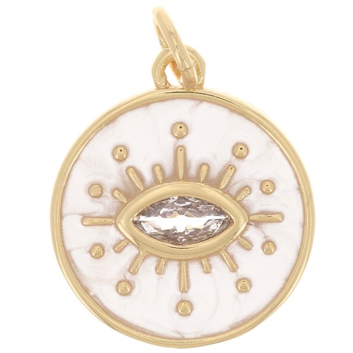 Pendentif rond oeil avec oxydes de Zirconium  & résine époxy 15mm - Doré - White pearl x1