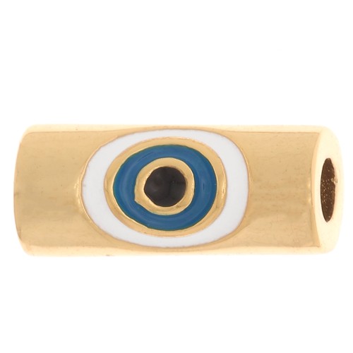 Perle tube motif oeil en résine époxy 11x4.5mm - Doré à l'or fin - Blanc - Bleu x1