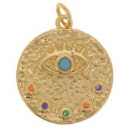 Pendentif rond martelé - motif oeil avec oxydes de Zirconium  15 mm - Doré - Multicolore x1|raw }}