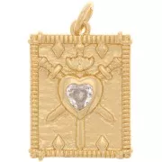 Pendentif plaque travaillé motif coeur avec  oxyde de Zirconium  20x15 mm - Doré - Crystal x1