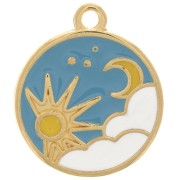 Pendentif rond motif soleil & lune avec résine époxy 18 mm - Doré à l'or fin x1
