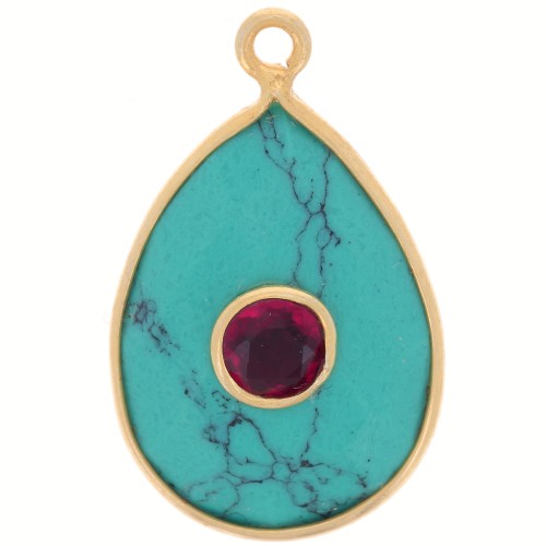 Pendentif goutte facettée 22x14 mm - Doré - imitation Turquoise - Grenat x1