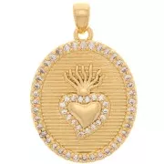 Pendentif ovale avec oxydes de Zirconium  23x18 mm - motif coeur Ex-voto - Doré - Crystal x1