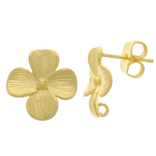 Clous d'oreilles fleur 14x13 mm - avec anneau ouvert - Doré à l'or fin x2