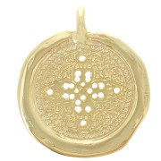 Pendentif médaille irrégulière 30 mm - motif croix - Doré à l'or fin x1