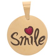 Pendentif médaille 15 mm - Smile avec un coeur en résine - Acier inox doré 304|raw }}