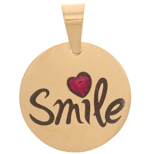 Pendentif médaille 15 mm - Smile avec un coeur en résine - Acier inox doré 304