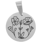 Pendentif médaille ronde 15 mm - motif fleurs - Acier inoxydable 304 x1
