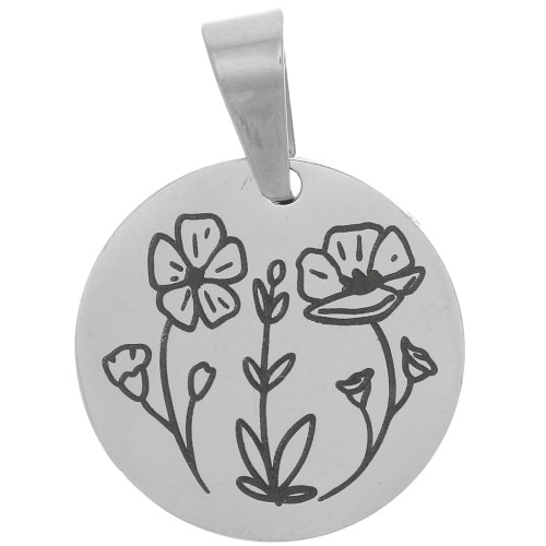 Pendentif médaille ronde 15 mm - motif fleurs - Acier inoxydable 304 x1