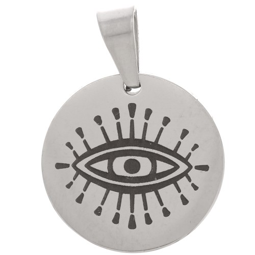 Pendentif médaille ronde 15 mm - Oeil porte-bonheur - Acier inoxydable 304 x1