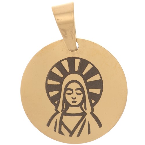 Pendentif médaille ronde 15 mm - motif Vierge - Acier inoxydable 304 Doré x1