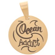 Pendentif médaille ronde 15 mm Ocean Addict & vagues - Acier inoxydable 304 Doré