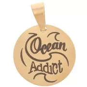 Pendentif médaille ronde 15 mm Ocean Addict & vagues - Acier inoxydable 304 Doré