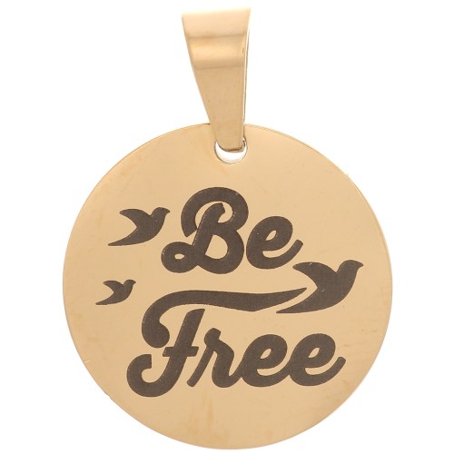 Pendentif médaille ronde 15 mm - Be Free & Oiseaux - Acier inoxydable 304 Doré