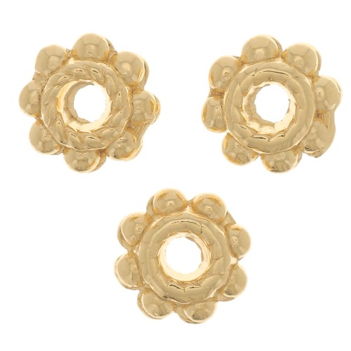 Perles rondelles travaillées - forme fleur 6 mm - Doré à l'or fin x6