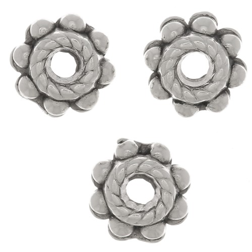 Perles rondelles travaillées - forme fleur 6 mm - Placage argent fin vieilli x6