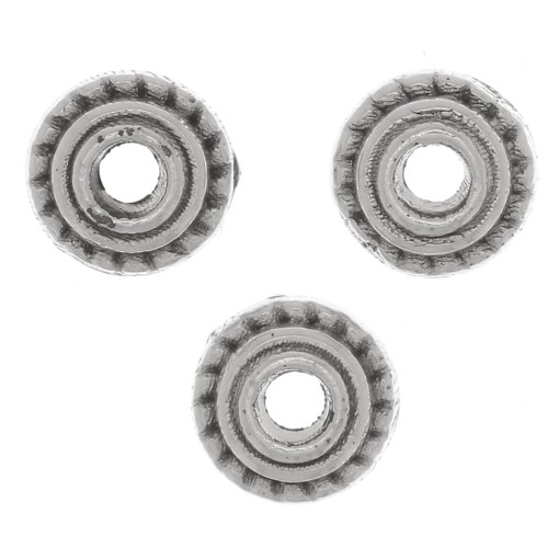 Perles rondelles travaillées et striées 5 mm - Placage argent fin vieilli x6
