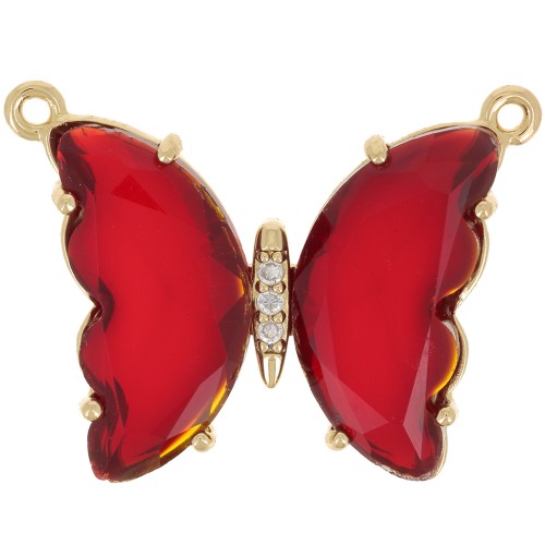 Intercalaire papillon en verre avec oxydes de Zirconium  22x29 mm - Doré - Rouge x1
