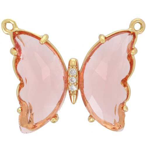 Intercalaire papillon en verre avec oxydes de Zirconium  22x29 mm - Doré - Rose x1