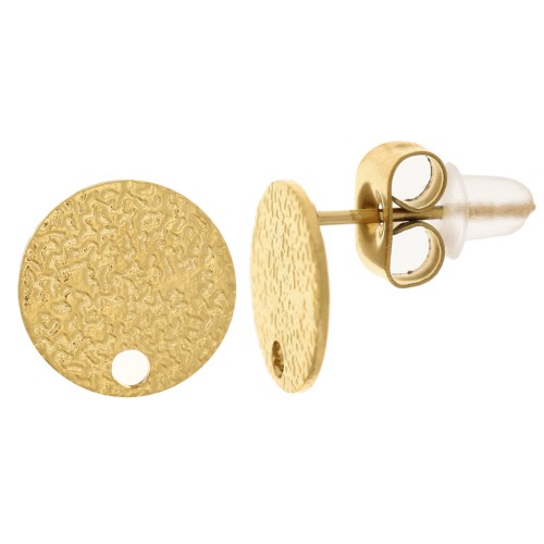 Clous d'oreilles disque martelé 10 mm avec un trou - Acier inoxydable 304 Doré x2