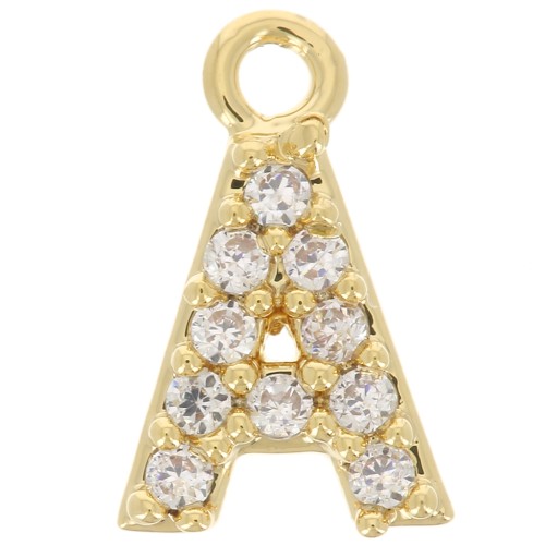 Breloque lettre alphabet 8 mm avec oxydes de Zirconium  - A - Doré à l'or fin - Crystal x1