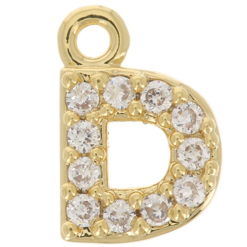Breloque lettre alphabet 7 mm avec oxydes de Zirconium  - D - Doré à l'or fin - Crystal x1