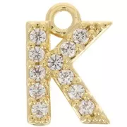 Breloque lettre alphabet 7.5 mm avec oxydes de Zirconium  - K - Doré à l'or fin - Crystal x1